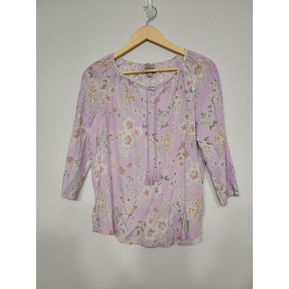 Como Vintage Lavander‎ Floral Tassle 3/4th Sleeve Blouse Size Small